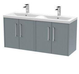 Hudson Reed Juno Wall Hung 4 Soft Close Door Vanity Unit With Double Basin In Coastal Grey Finish, 1200mm - thumbnail 1