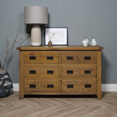 Elm Home And Garden Wide 6 Drawer Chest Of Rustic Oak Drawers 78Cm High X 128Cm Wide X 40Cm Deep - image 1