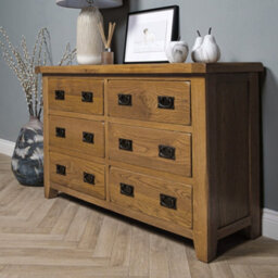 Elm Home And Garden Wide 6 Drawer Chest Of Rustic Oak Drawers 78Cm High X 128Cm Wide X 40Cm Deep - thumbnail 3