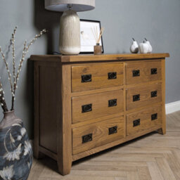 Elm Home And Garden Wide 6 Drawer Chest Of Rustic Oak Drawers 78Cm High X 128Cm Wide X 40Cm Deep - thumbnail 2