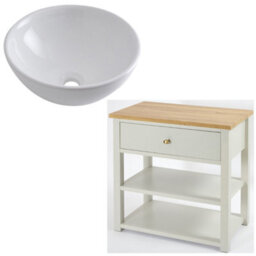 Homestylestore 840mm Antique White And Oak Bathroom Vanity Unit With Round Countertop Basin And Gold Round Handle