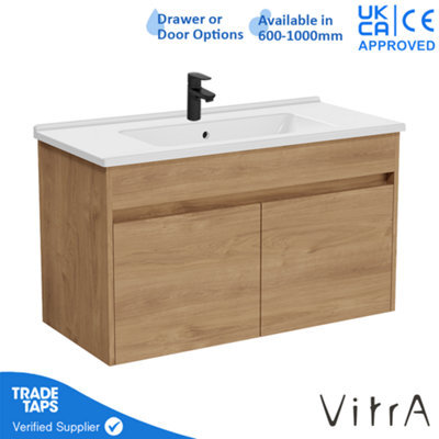 Vitra 1000mm Wall Hung Bathroom Vanity Unit With 2 Doors & Basin - Golden Oak Includes Black Tap - image 1