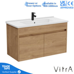 Vitra 1000mm Wall Hung Bathroom Vanity Unit With 2 Doors & Basin - Golden Oak Includes Black Tap