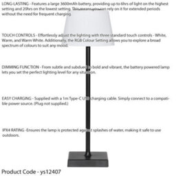 Loops Black Rgb Rechargeable Table Lamp - Multi-Colour Bedside Light Wireless Dimmable - thumbnail 2