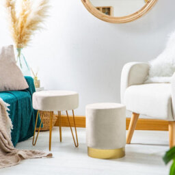 Harbour Housewares Cream Velvet Footstool - Round Ottoman H36 X D29Cm - Elegant Neutral Seating - thumbnail 7