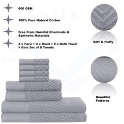 TheWhiteWater Limited 8 Pieces Towel Set With 4 Face Towel 2 Hand Towels And 2 Bath 100% Pure Natural Cotton Bale Set Of Towels - Silver (Zig Zag) - thumbnail 3