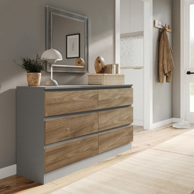 Urbn-Living Urbnliving 120Cm Width Grey Wooden Chest Of Oak 6 Drawers Bedroom Furniture Storage Bedside Table Modern Cabinet - image 1