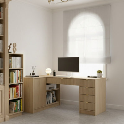 Tireno Corner Desk Cremona Oak Fluted Fronts Modern Home Office Desk For Study And Teen Room Functional Storage Space - image 1