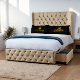 UKBEDFURNITURE Luxor Beige Plush Wingback Divan Bed Base With 54 Inch Headboard - No Storage - thumbnail 2