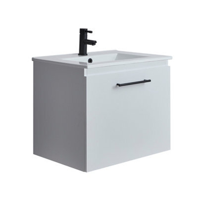Homestylestore 600mm White Wall Hung Bathroom Vanity Unit And Black T Bar Handle - image 1