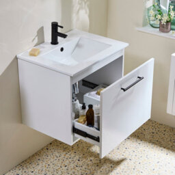 Homestylestore 600mm White Wall Hung Bathroom Vanity Unit And Black T Bar Handle - thumbnail 3