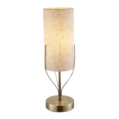 Happy Homewares Sleek Antique Brass Metal Table Lamp With Cylindrical Linen Shade - image 1