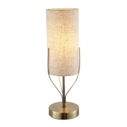 Happy Homewares Sleek Antique Brass Metal Table Lamp With Cylindrical Linen Shade - thumbnail 1