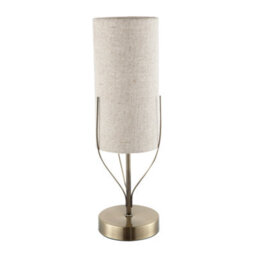Happy Homewares Sleek Antique Brass Metal Table Lamp With Cylindrical Linen Shade - thumbnail 2