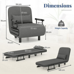 3 In 1 Grey Convertible Sofa Bed Sleeper Chair W/lumbar Pillow Dark - thumbnail 2