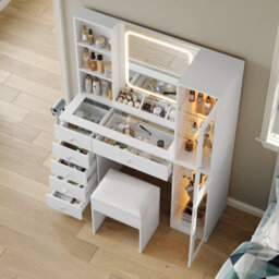 Fusou Dressing Table With Led Mirror & Charging Station, 6 Drawers, 2 Cabinets, 3 Shelves, Glass Top Vanity Desk For Bedroom - thumbnail 4