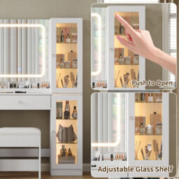 Fusou Dressing Table With Led Mirror & Charging Station, 6 Drawers, 2 Cabinets, 3 Shelves, Glass Top Vanity Desk For Bedroom - thumbnail 5