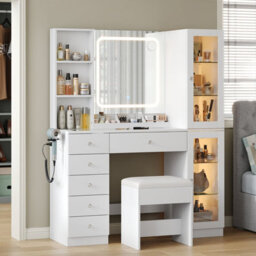 Fusou Dressing Table With Led Mirror & Charging Station, 6 Drawers, 2 Cabinets, 3 Shelves, Glass Top Vanity Desk For Bedroom - thumbnail 6