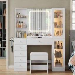 Fusou Dressing Table With Led Mirror & Charging Station, 6 Drawers, 2 Cabinets, 3 Shelves, Glass Top Vanity Desk For Bedroom - thumbnail 1