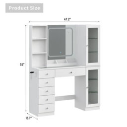 Fusou Dressing Table With Led Mirror & Charging Station, 6 Drawers, 2 Cabinets, 3 Shelves, Glass Top Vanity Desk For Bedroom - thumbnail 2