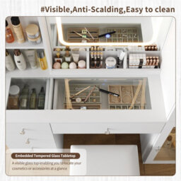 Fusou Dressing Table With Led Mirror & Charging Station, 6 Drawers, 2 Cabinets, 3 Shelves, Glass Top Vanity Desk For Bedroom - thumbnail 3
