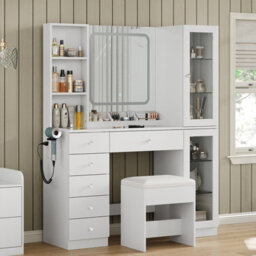 Fusou Dressing Table With Led Mirror & Charging Station, 6 Drawers, 2 Cabinets, 3 Shelves, Glass Top Vanity Desk For Bedroom - thumbnail 8