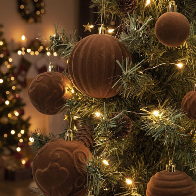 Amorly 32Pcs Velvet Christmas Tree Ornaments Set, Brown Flocked Hanging Christmas Balls Ornaments For Xmas Tree Holiday Home Party Decor - image 1