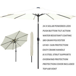 Glamhaus Garden Parasol Solar Led 2.7M ,tilting Table Umbrella With Crank Handle, Protection Uv40, Includes Parasol Cover- Cream - thumbnail 2