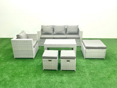 Fimous Rattan Garden Furniture Set 6 Pieces Outdoor Garden Sofa Oblong Coffee Table Set Chair 3 Stools Light Grey - image 1