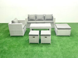 Fimous Rattan Garden Furniture Set 6 Pieces Outdoor Garden Sofa Oblong Coffee Table Set Chair 3 Stools Light Grey - thumbnail 2