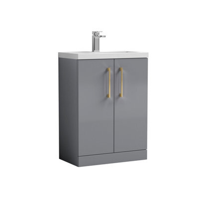 Balterley Bramshall Compact Bathroom Cloakroom Vanity Basin Unit With Polymarble Basin, Brushed Brass Handles, 600mm, Satin Grey - image 1