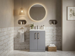 Balterley Bramshall Compact Bathroom Cloakroom Vanity Basin Unit With Polymarble Basin, Brushed Brass Handles, 600mm, Satin Grey - thumbnail 2