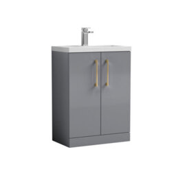 Balterley Bramshall Compact Bathroom Cloakroom Vanity Basin Unit With Polymarble Basin, Brushed Brass Handles, 600mm, Satin Grey - thumbnail 1