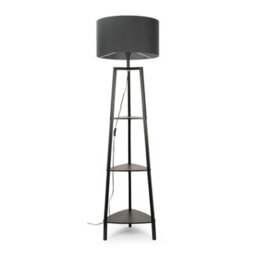 Valuelights Hiru Black 3 Tier Shelf Floor Lamp With Charcoal Drum Shade - thumbnail 1