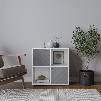 Urbn-Living Urbnliving 61Cm Height White Wooden Cube Bookcase With Grey Line Door Display Shelf Storage Shelving Cupboard - image 1