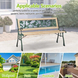 Birchtree 3 Seater Wooden Slat Garden Bench Seat Rose Style Cast Iron Legs - thumbnail 5