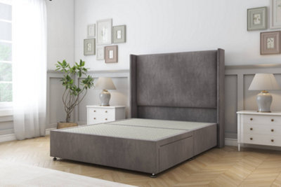 "Sloomy Devonshire Slate Naples Divan Bed Base 2 Drawers Foot-End With 54"" Wingback Headboard 4'6 Double" - image 1