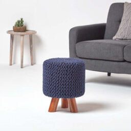 Homescapes Navy Tall Cotton Knitted Footstool On Legs - thumbnail 2