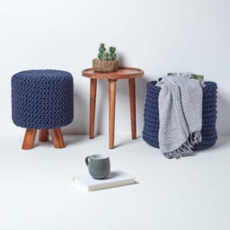 Homescapes Navy Tall Cotton Knitted Footstool On Legs - thumbnail 6