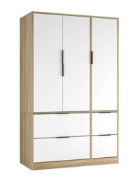 Urbn-Living Urbnliving 3 Door Wardrobe With 4 Drawers Wooden Bedroom Storage Cupboard With Hanging Rail For Clothes - Oak Unit & White Doors - thumbnail 1