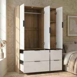 Urbn-Living Urbnliving 3 Door Wardrobe With 4 Drawers Wooden Bedroom Storage Cupboard With Hanging Rail For Clothes - Oak Unit & White Doors - thumbnail 6
