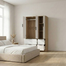 Urbn-Living Urbnliving 3 Door Wardrobe With 4 Drawers Wooden Bedroom Storage Cupboard With Hanging Rail For Clothes - Oak Unit & White Doors - thumbnail 3