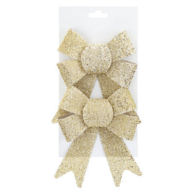 Tinsel Bows Christmas Decoration X 2 13Cm X 17Cm X 4. 5Cm Champagne - image 1