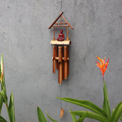 Serenityy Bamboo Windchime Natural Finish Brown Buddha 6 Tubes - 6-Tube Bamboo Chime