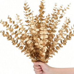 5Pcs Decorative Gold Eucalyptus Stems , Fake Silk Leaves For Vase Display, Pot Not Included