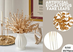 5Pcs Decorative Gold Eucalyptus Stems , Fake Silk Leaves For Vase Display, Pot Not Included - thumbnail 5