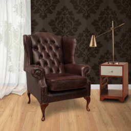 Chesterfield High Back Wing Chair Old English Dark Brown Leather In Mallory Style - thumbnail 1