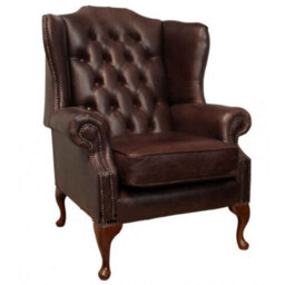 Chesterfield High Back Wing Chair Old English Dark Brown Leather In Mallory Style - thumbnail 2