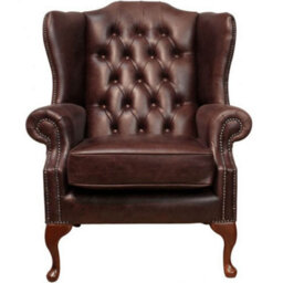 Chesterfield High Back Wing Chair Old English Dark Brown Leather In Mallory Style - thumbnail 3