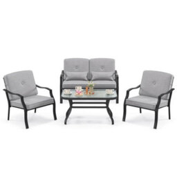 4 Pcs Patio Conversation Set Outdoor Furniture Coffee Table Cushion Chair Bench - thumbnail 1